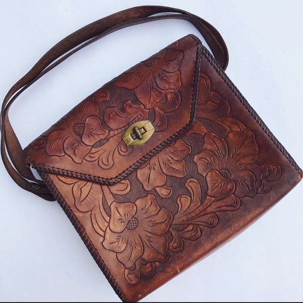 Vintage Tooled Leather Floral Filigree Hand Bag